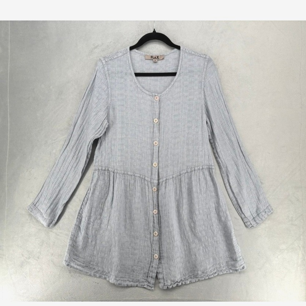 FLAX Women Blue Grey 100% Linen Button Front Peplum Tunic Top Size S Lagenlook